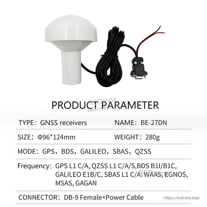 Product parameter sheet for BE-27DN receiver with DB-9 female and power cable leads