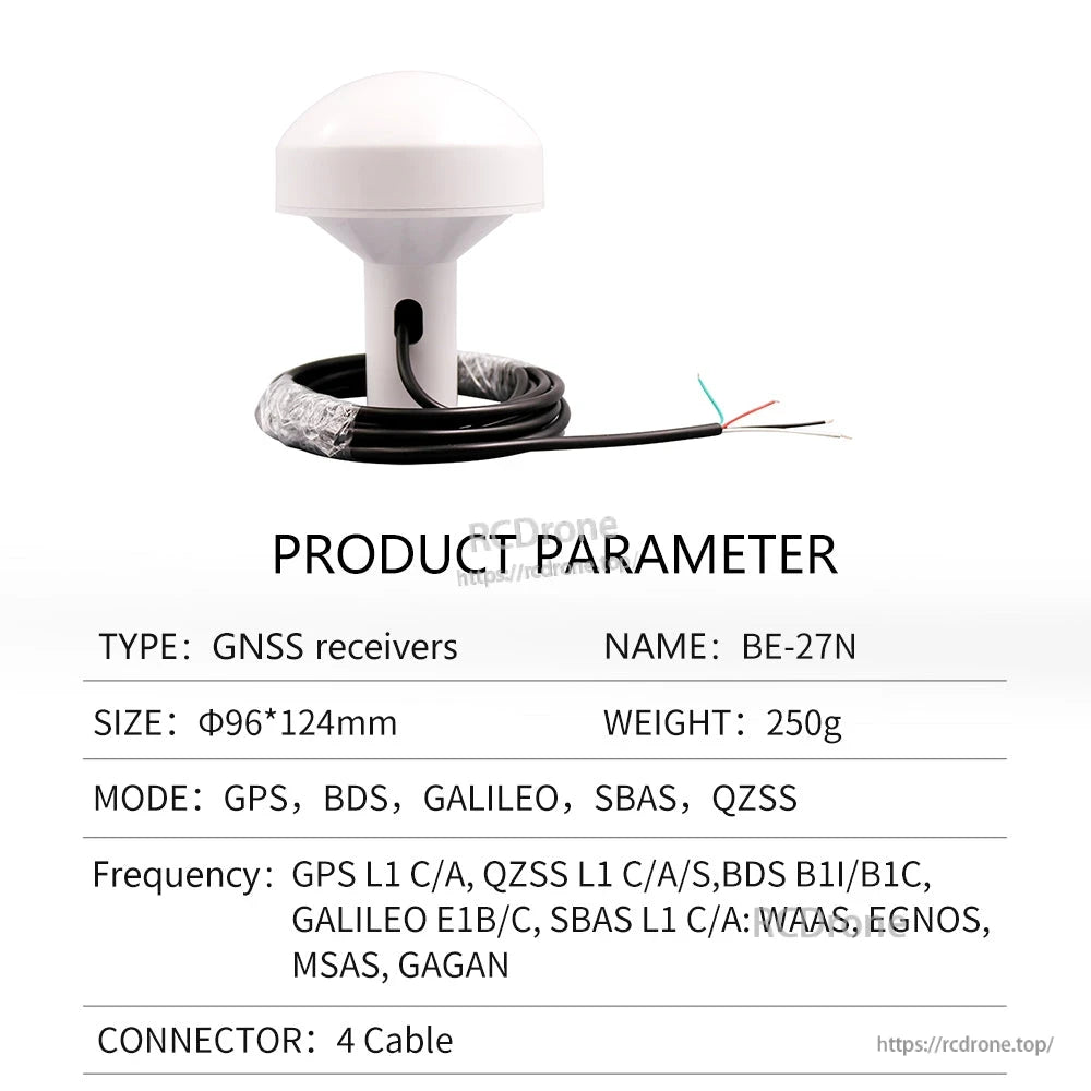 Product parameter sheet for BE-27N receiver with 4-wire cable output shown