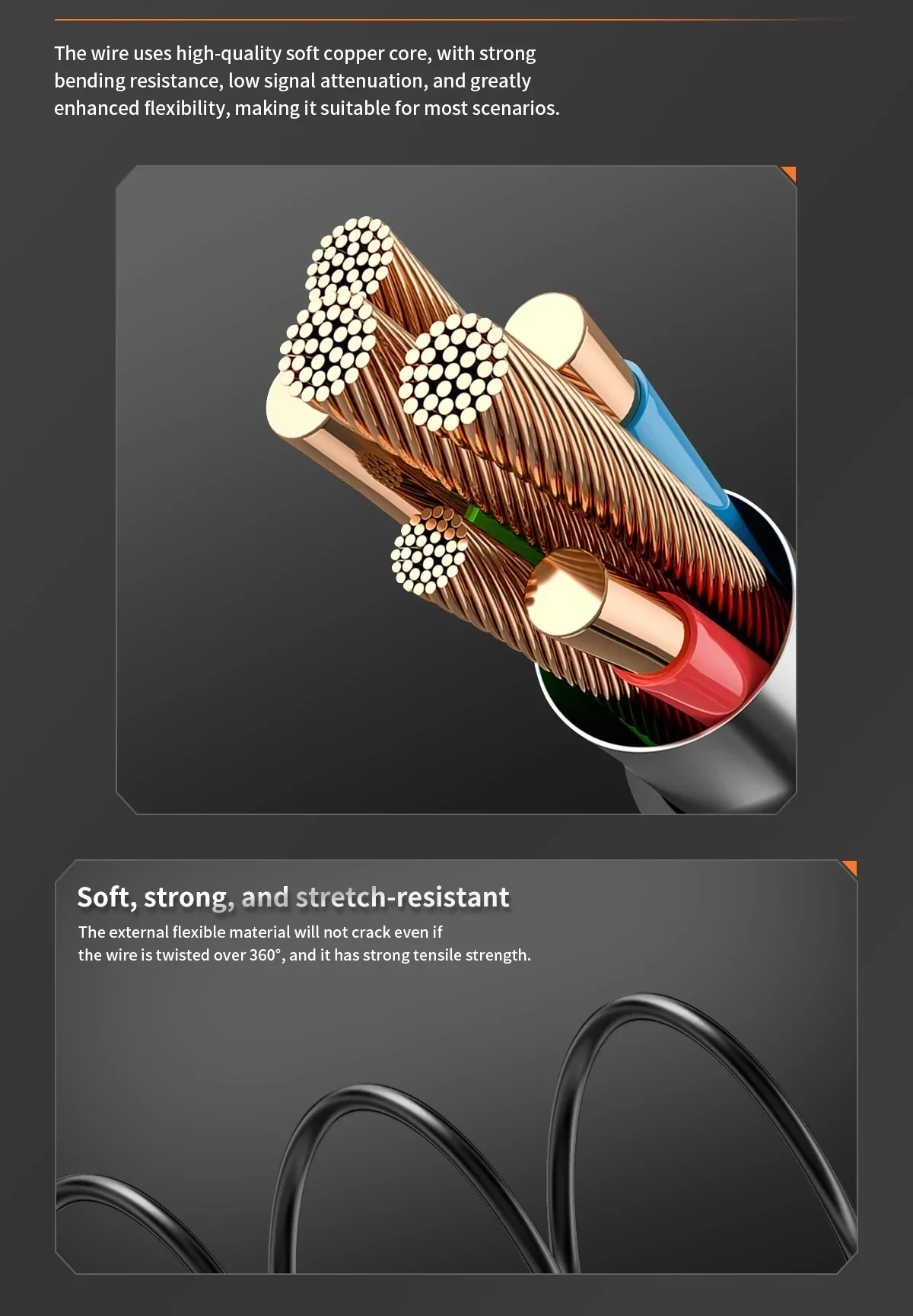 Soft copper multi-core cable construction graphic emphasizing flexibility and low signal loss