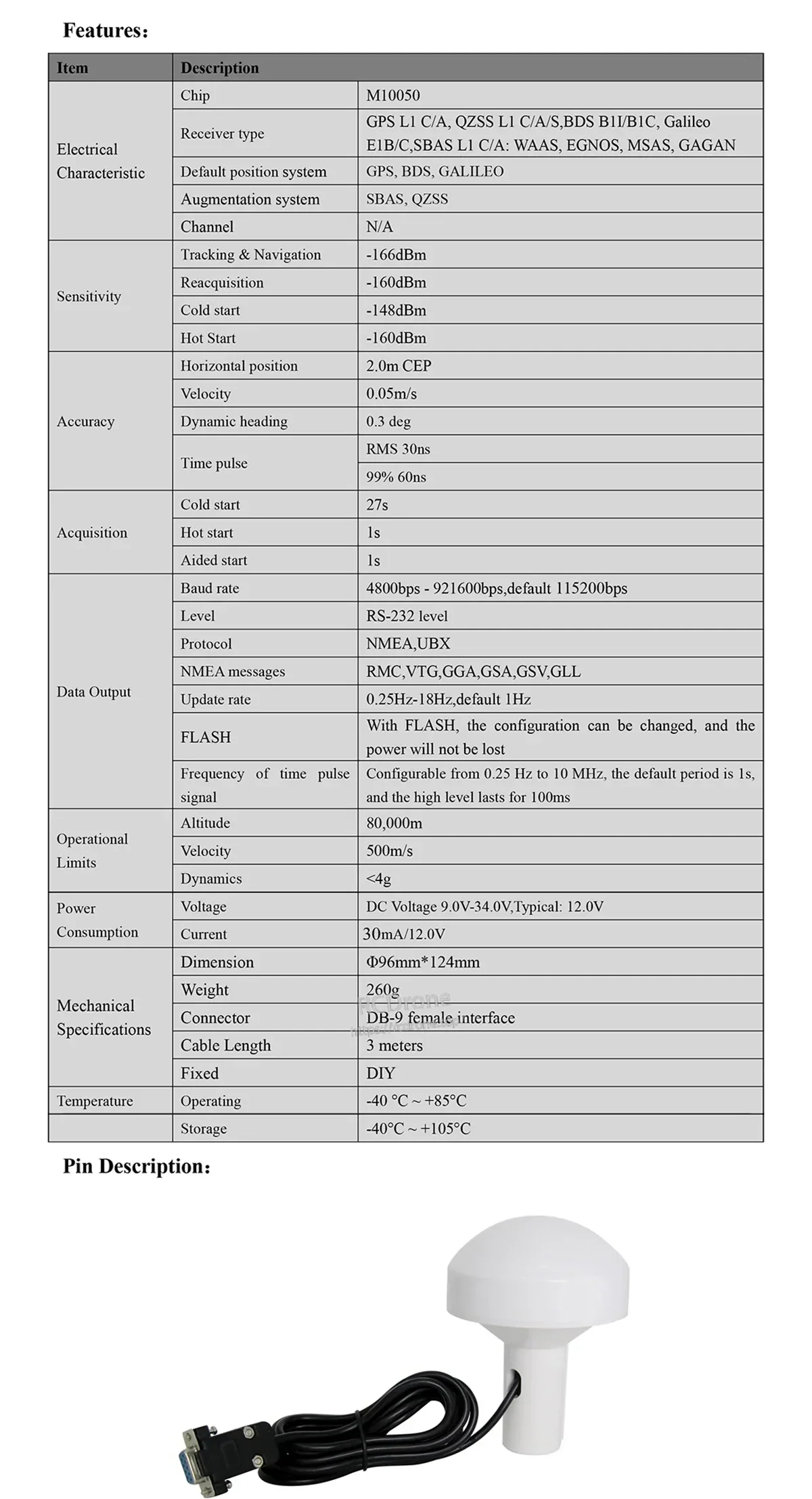 BE-27D GNSS receiver specifications table with included mushroom antenna and DB9 cable