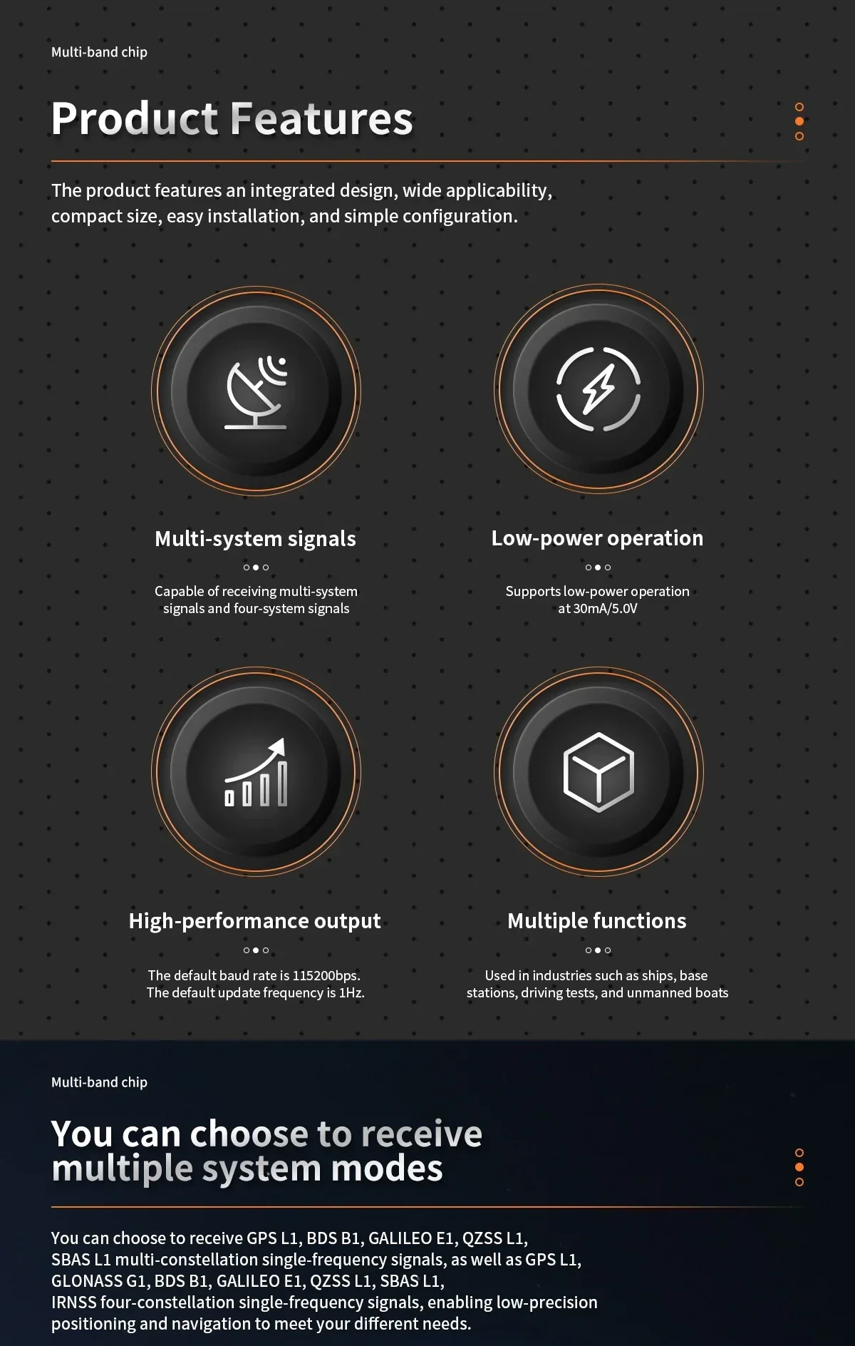 Product features infographic highlighting multi-system GNSS signals, low power, and outputs