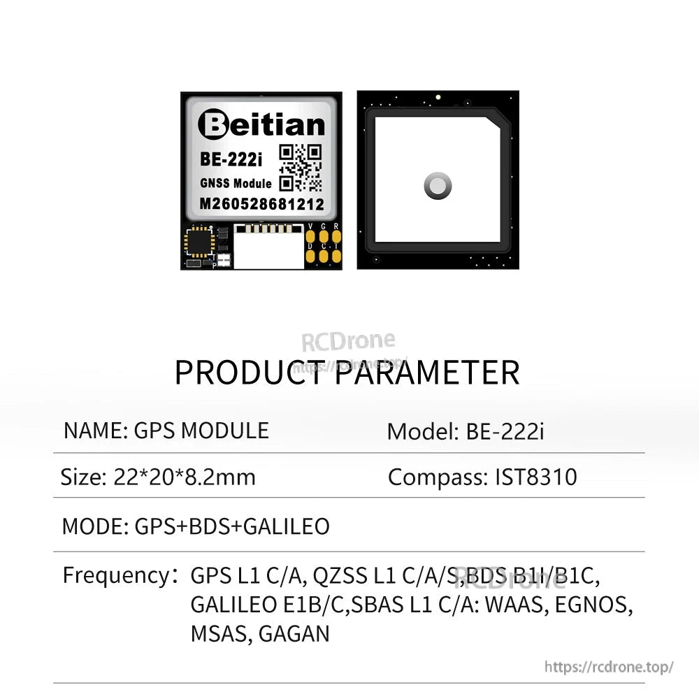 Beitian BE-222i GNSS module product parameter sheet with front and rear views