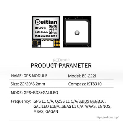 Beitian BE-222i GNSS module product parameter sheet with front and rear views