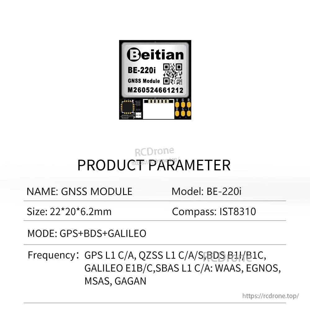 Beitian BE-220i GNSS module product parameter sheet with built-in compass IST8310