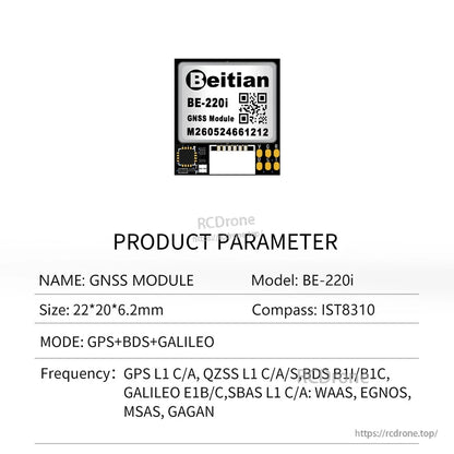 Beitian BE-220i GNSS module product parameter sheet with built-in compass IST8310