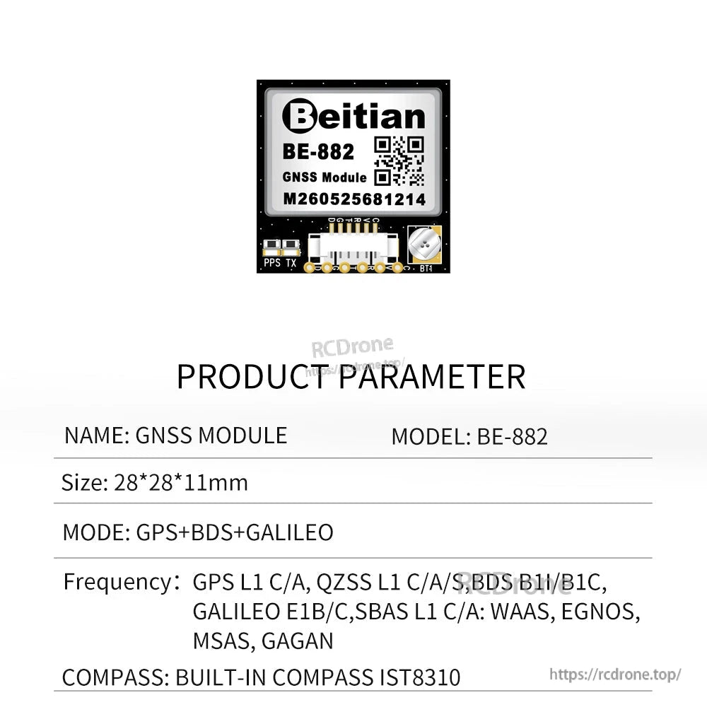 Beitian BE-882 GNSS module product parameter sheet with built-in compass IST8310