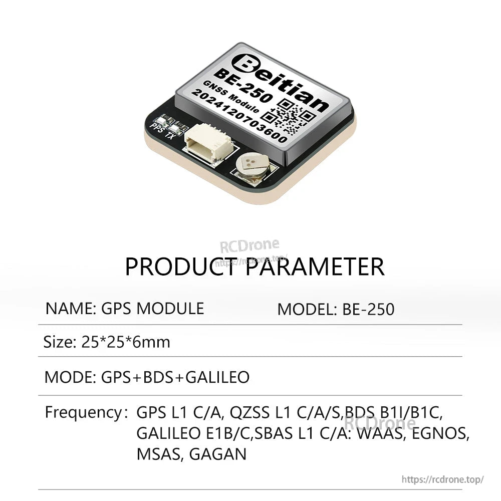 Beitian BE-250 GNSS module product parameter sheet with compact board and connector