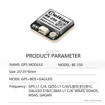 Beitian BE-250 GNSS module product parameter sheet with compact board and connector