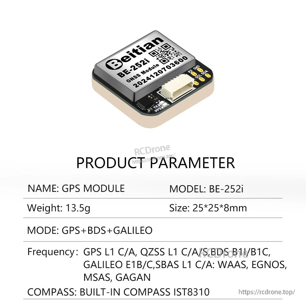 Beitian BE-252i GNSS module angled view with connector and built-in compass