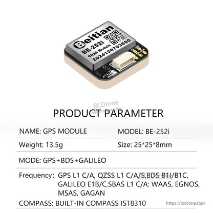 Beitian BE-252i GNSS module angled view with connector and built-in compass