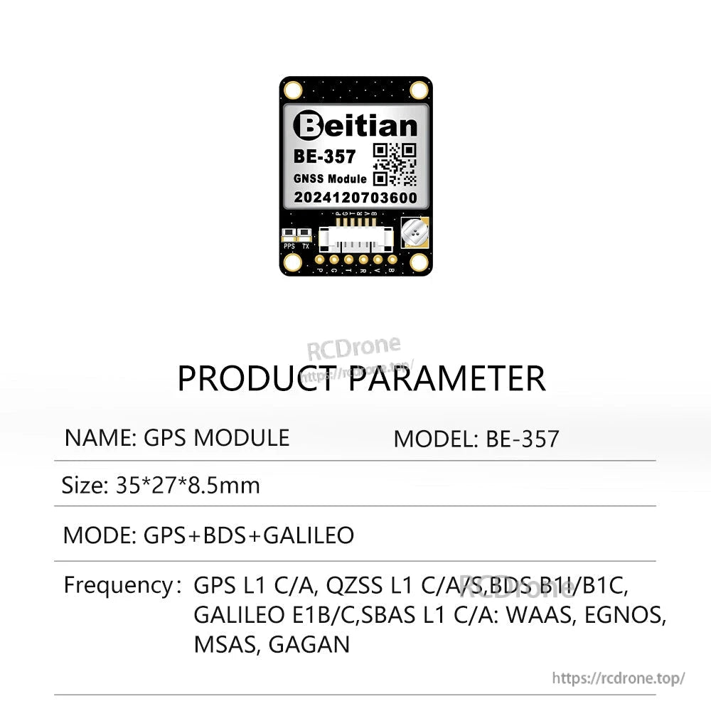 Beitian BE-357 GNSS module product parameter sheet with pin header and mounting holes