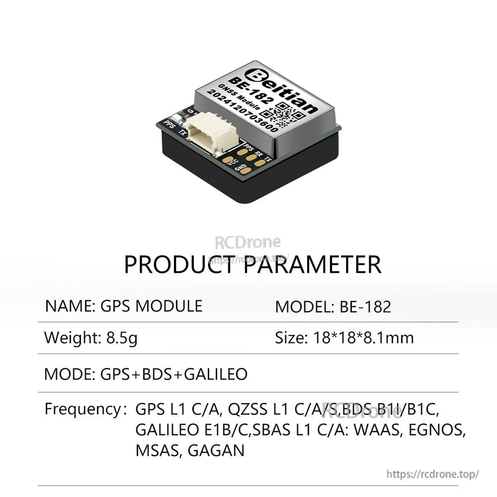 Beitian BE-182 GNSS module angled view with connector and built-in compass board