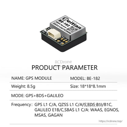 Beitian BE-182 GNSS module angled view with connector and built-in compass board