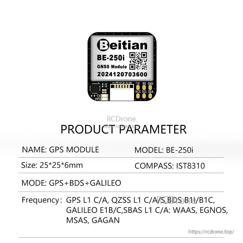 Beitian BE-250i GNSS module product parameter sheet with built-in compass IST8310