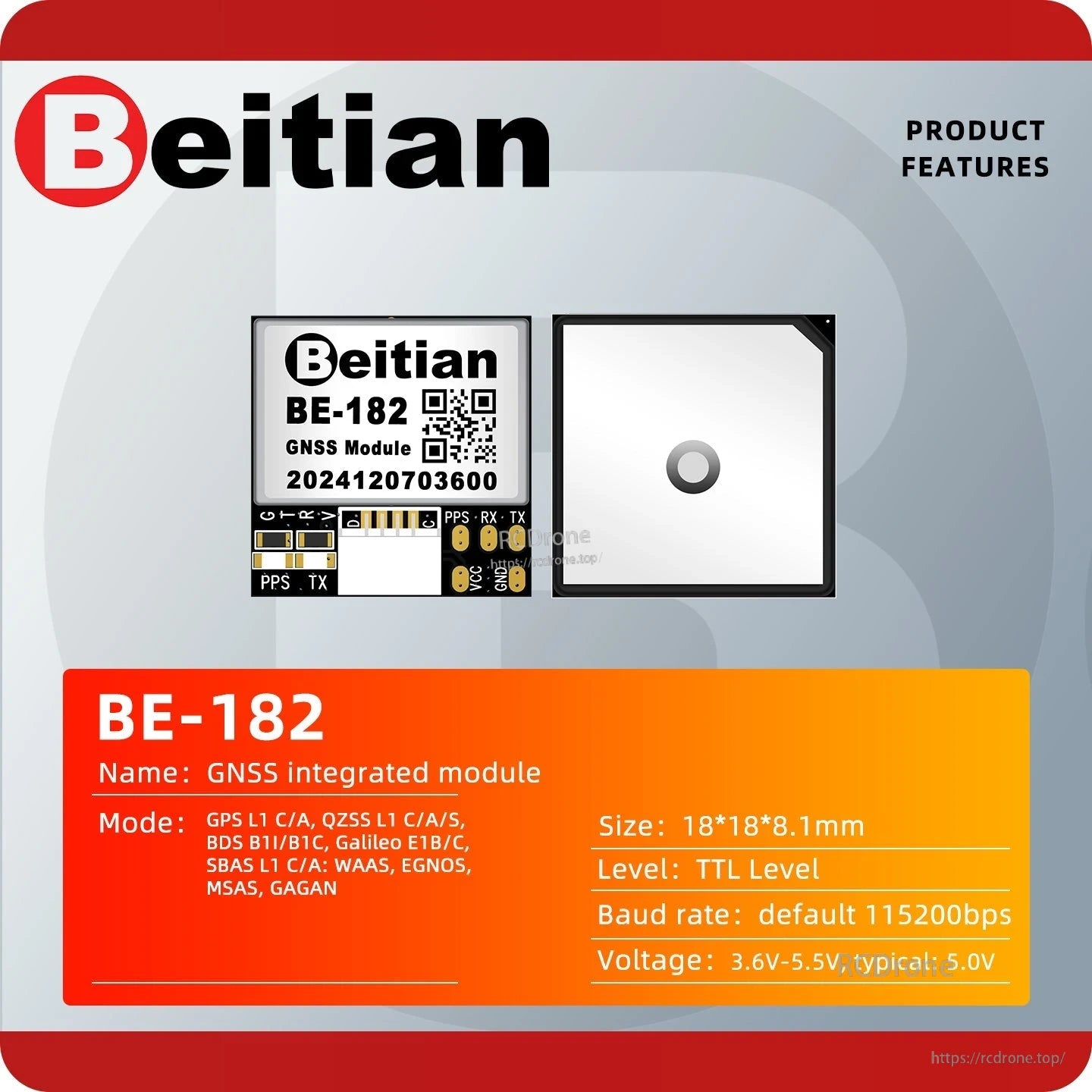 Beitian BE-182 GNSS module specification graphic with size, voltage, and TTL level