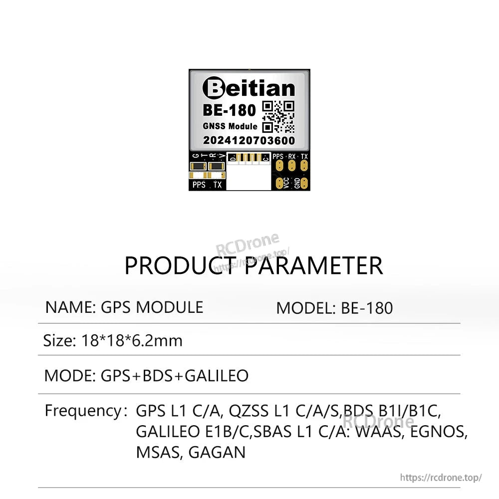 Beitian BE-180 GNSS module product parameter sheet with GPS+BDS+Galileo support