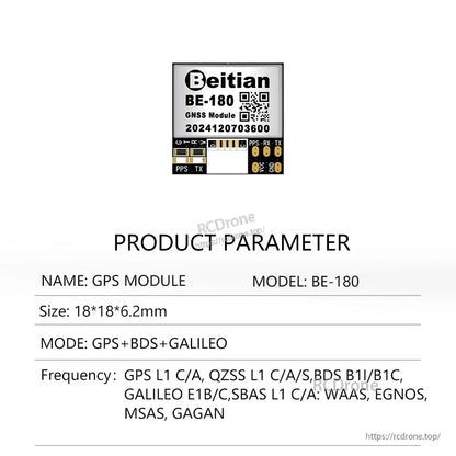 Beitian BE-180 GNSS module product parameter sheet with GPS+BDS+Galileo support