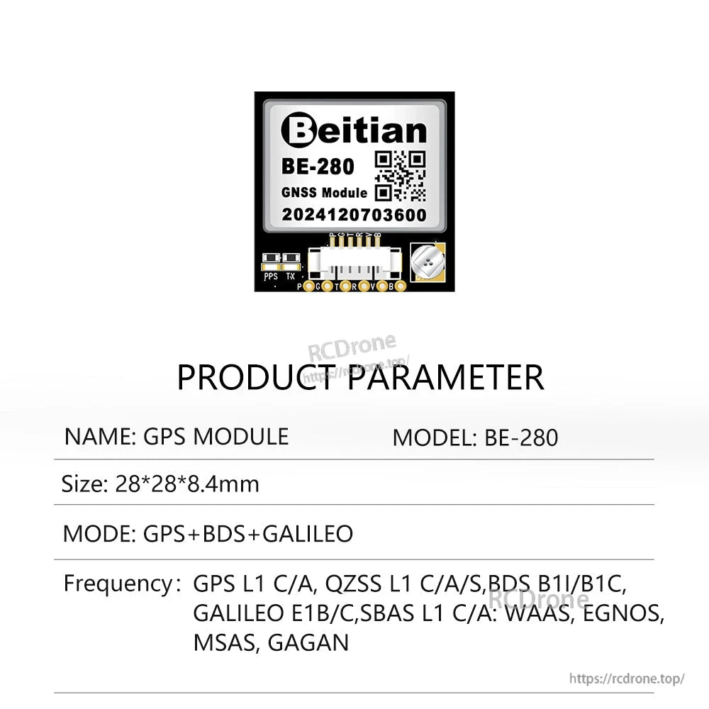 Beitian BE-280 GNSS module product parameter sheet with connector and board layout