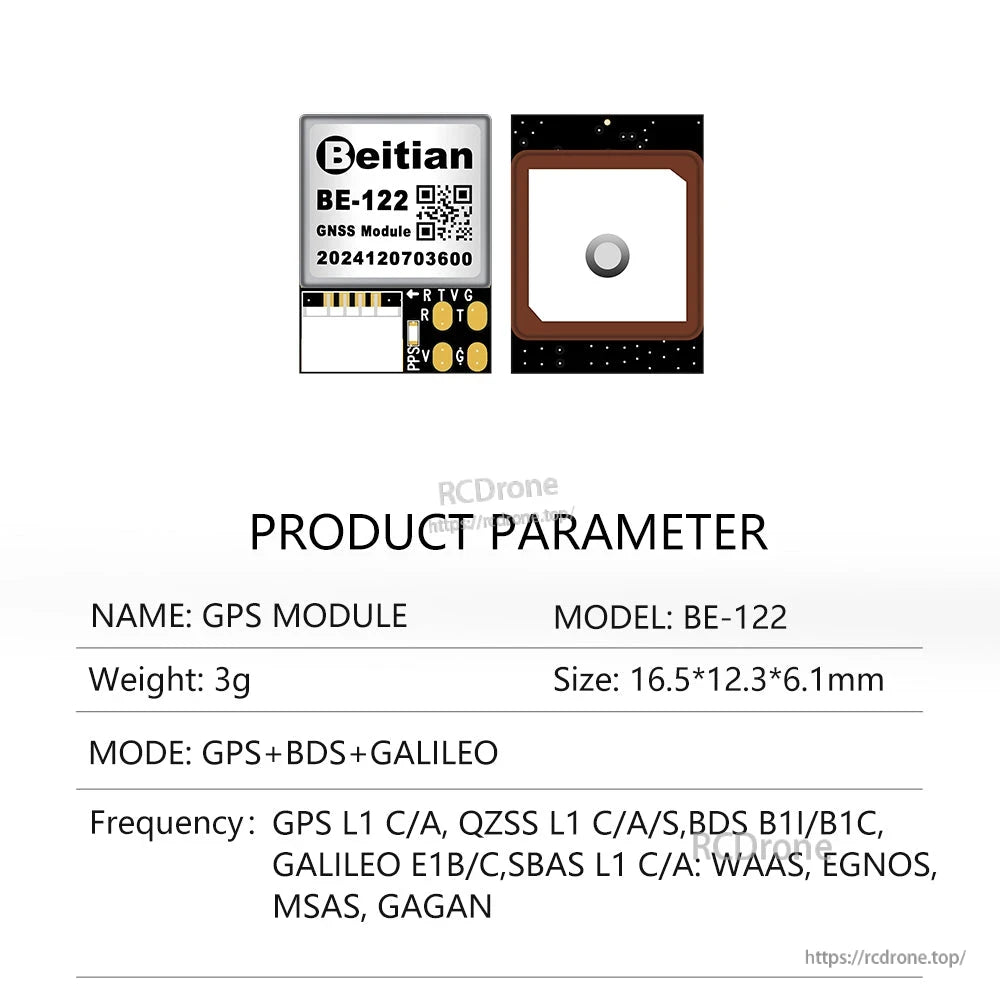 Beitian BE-122 GNSS module product parameter sheet with front and rear views