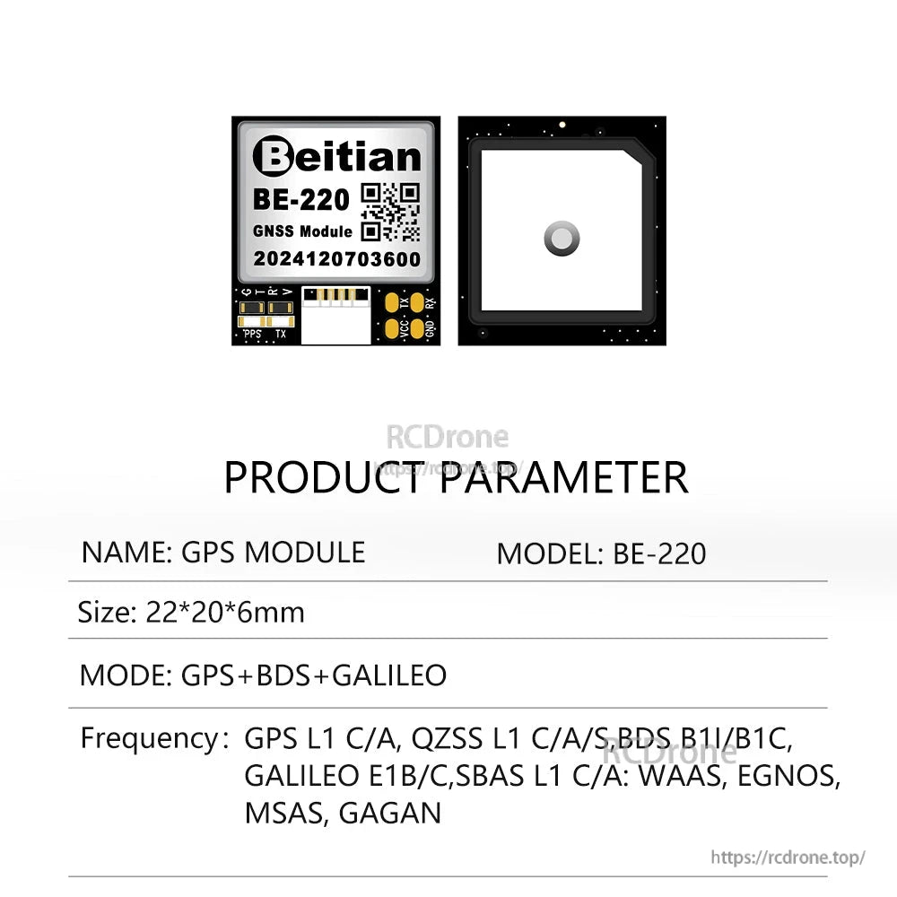 Beitian BE-220 GNSS module product parameter sheet with front and rear views