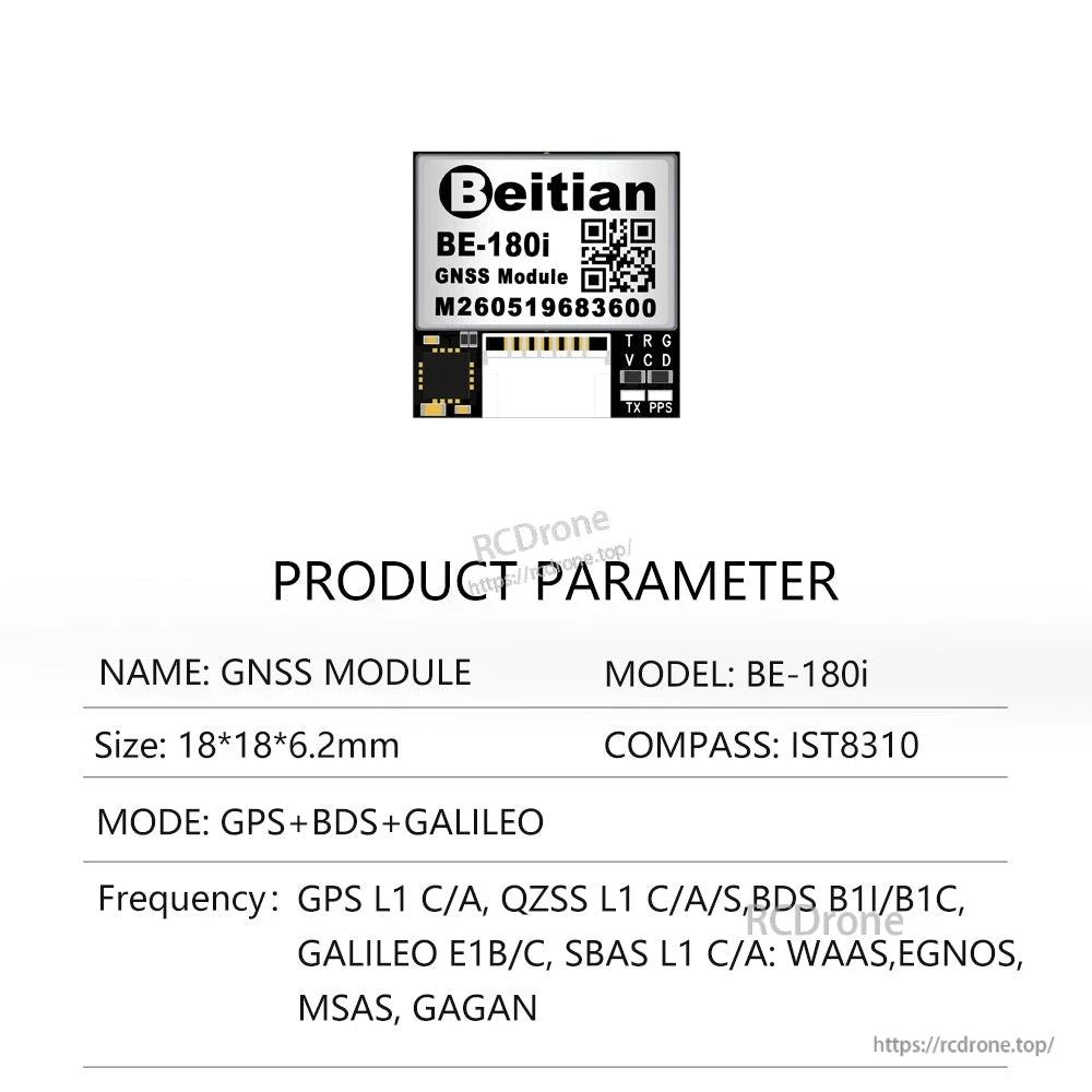 Beitian BE-180i GNSS module product parameter sheet with built-in compass IST8310