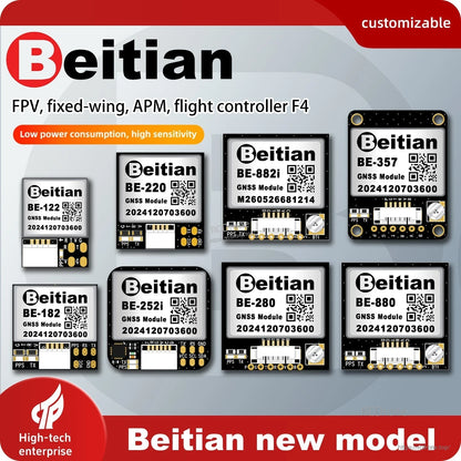 Beitian BE series GNSS module lineup with FPV and fixed-wing use callout