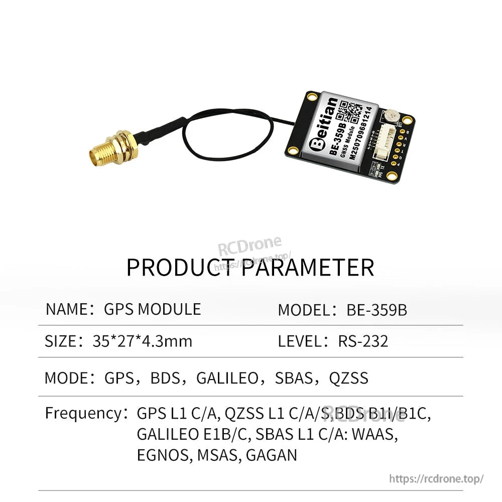 BE-359B GNSS module product parameter sheet with antenna cable and RS-232 level