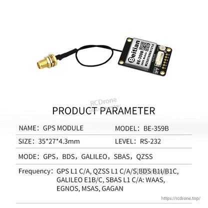 BE-359B GNSS module product parameter sheet with antenna cable and RS-232 level