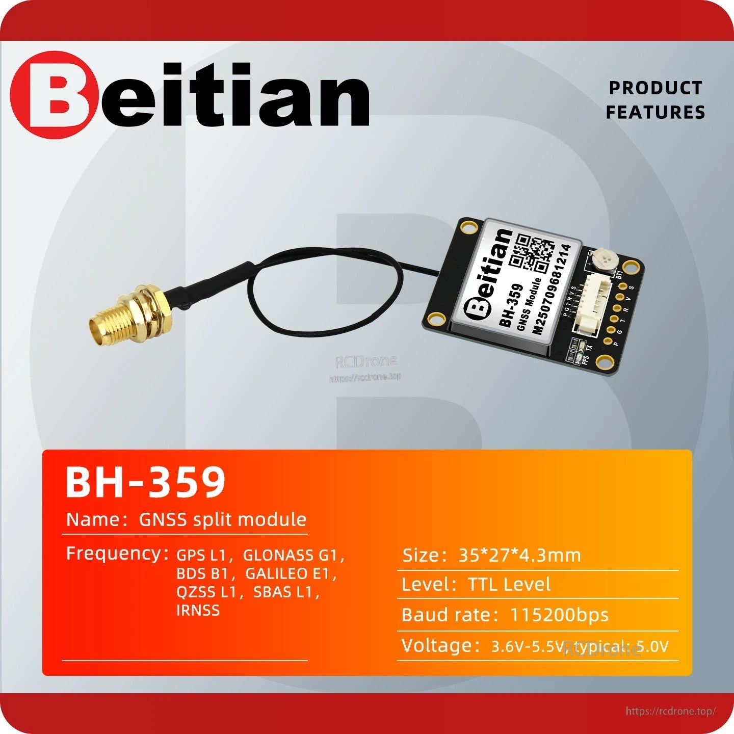BH-359 GNSS split module feature card with frequency, size, voltage, and TTL level details
