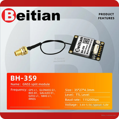 BH-359 GNSS split module feature card with frequency, size, voltage, and TTL level details