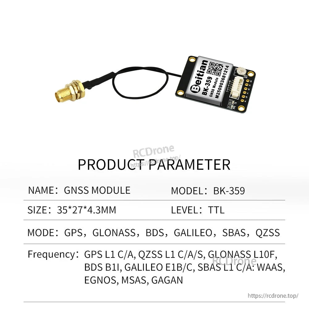 BK-359 GNSS module product parameter sheet with antenna cable and TTL level