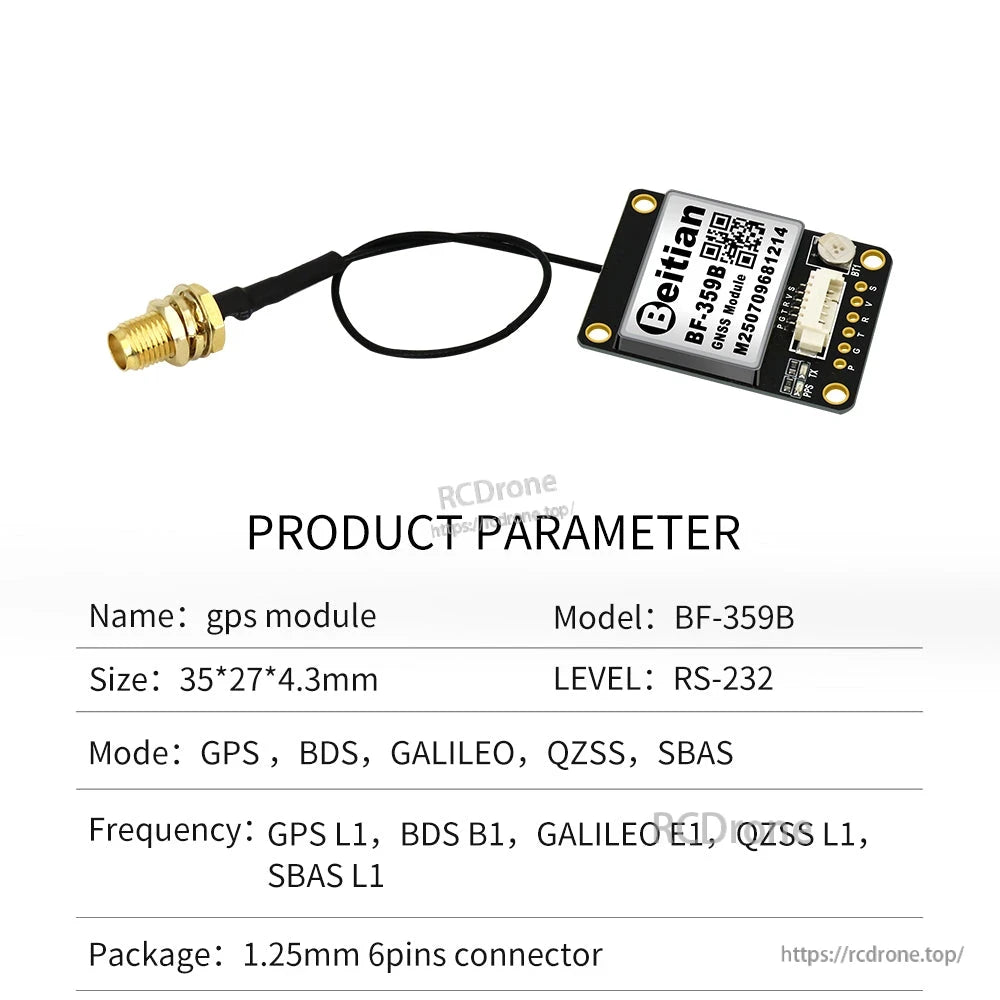 Beitian GNSS GPS module with separate SMA antenna, 6-pin connector, and compact black PCB