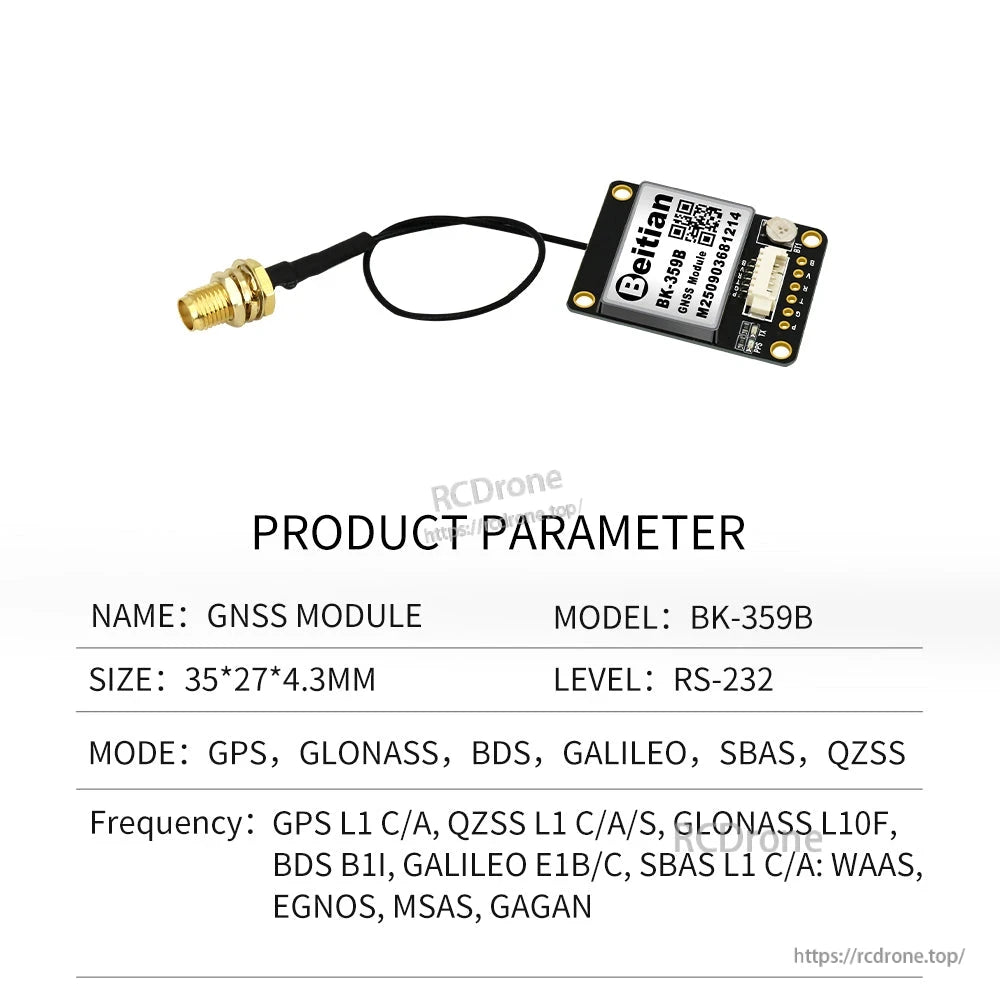 BK-359B GNSS module product parameter sheet with antenna cable and RS-232 level