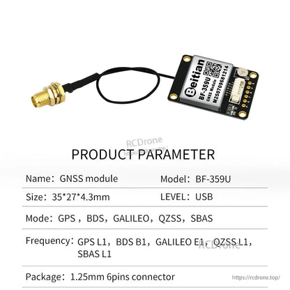 Beitian GNSS timing navigation module with SMA-K antenna connector and 6-pin board layout