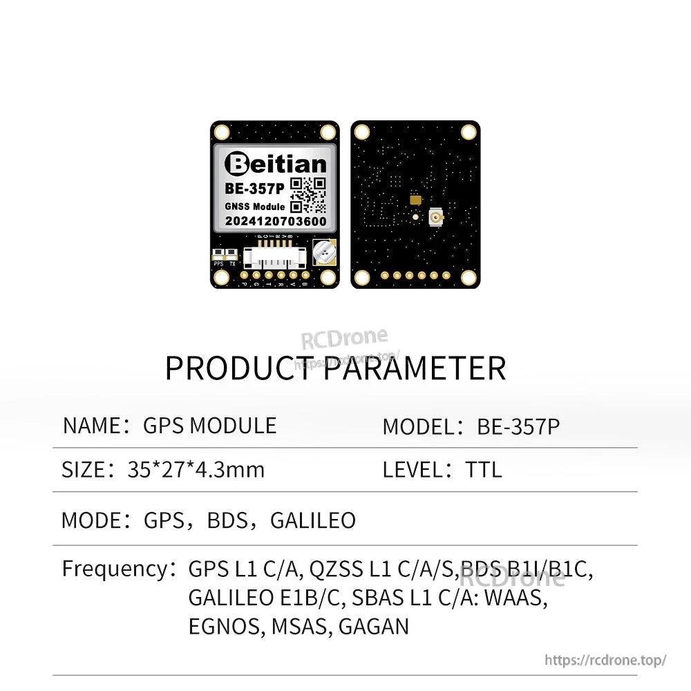 Product parameter sheet for BE-357P GPS module showing front and back board views