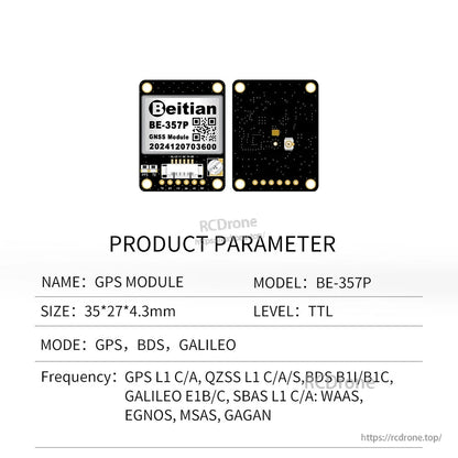 Product parameter sheet for BE-357P GPS module showing front and back board views