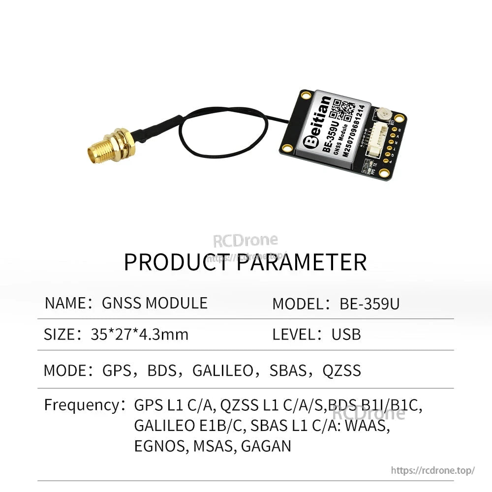 BE-359U GNSS module product parameter sheet with antenna cable and USB level