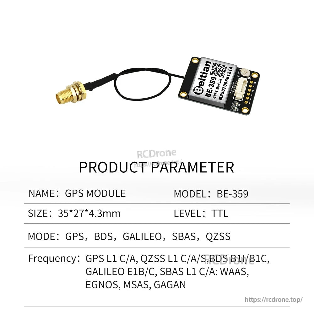 BE-359 GNSS module product parameter sheet with antenna cable and TTL level