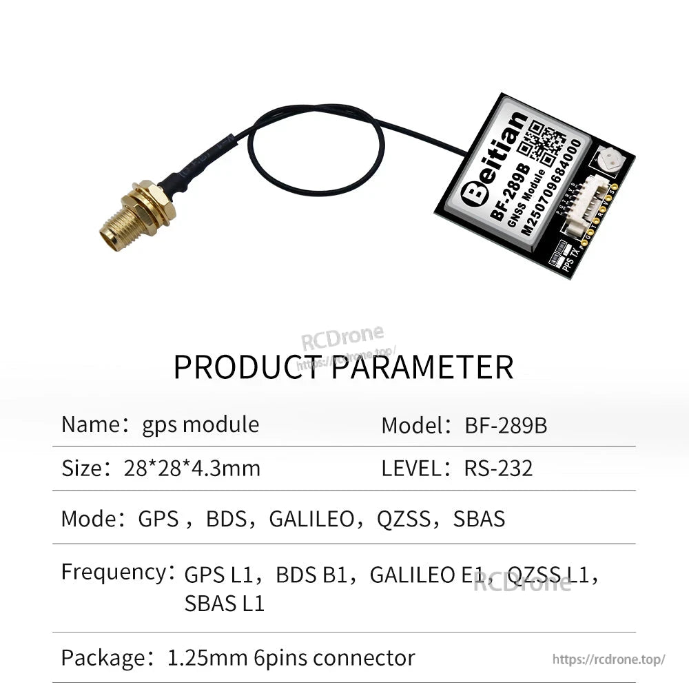 Beitian BF-289B GNSS timing navigation module with SMA antenna connector and 6-pin interface