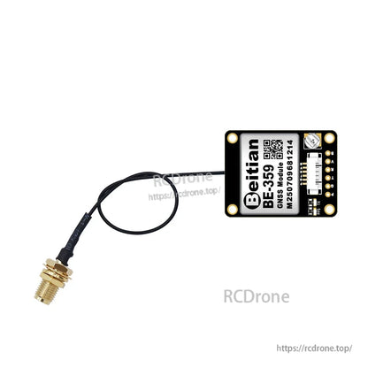Beitian GNSS module and SMA antenna lead shown in a compact side-angle view