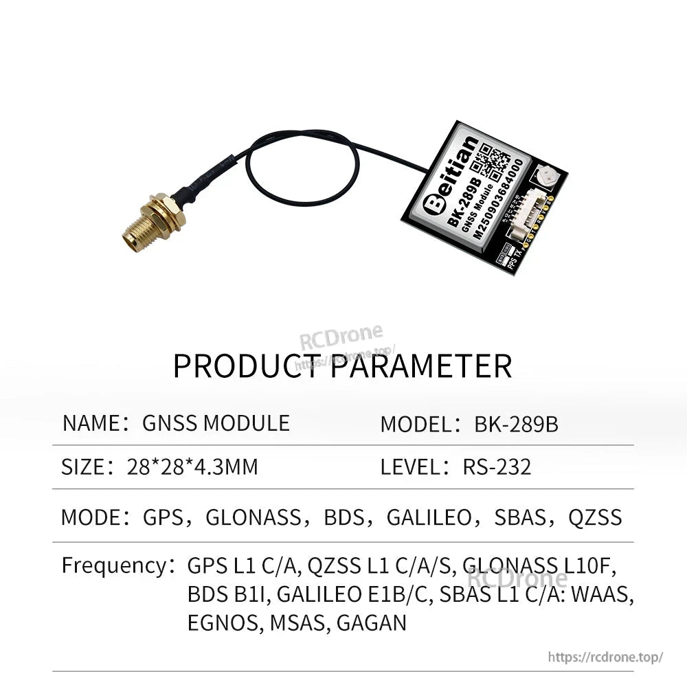 BK-289B GNSS module product parameter sheet with antenna cable and RS-232 level