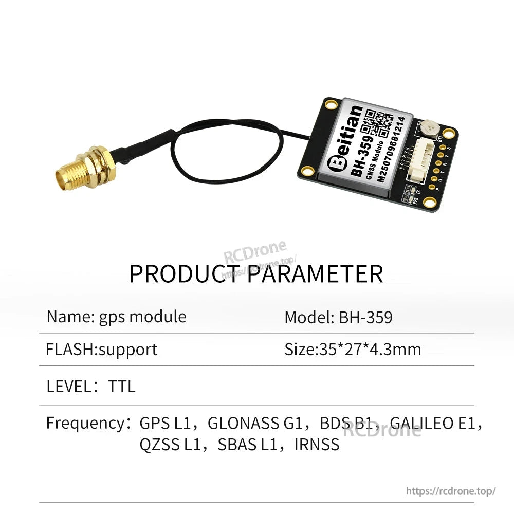 Beitian GNSS GPS module board with SMA antenna connector, wiring header, and separate antenna lead