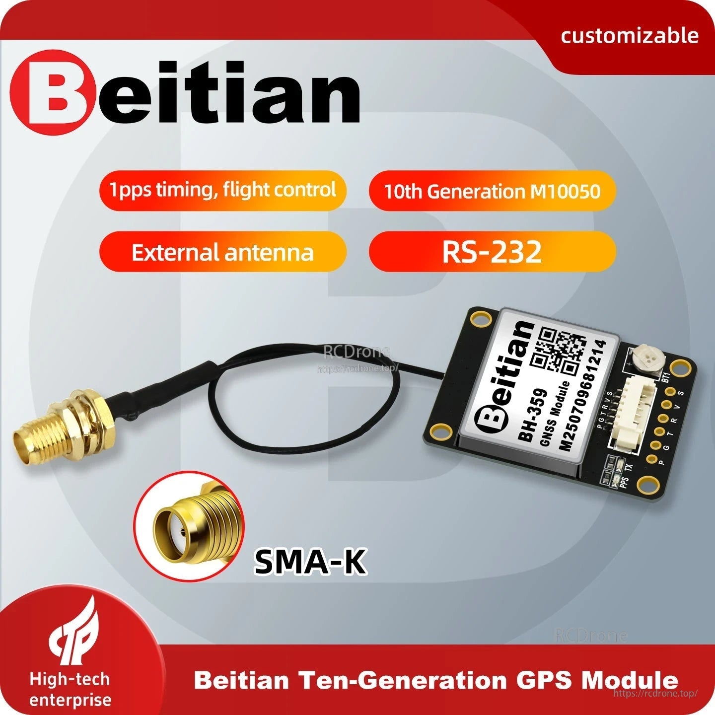 Beitian module overview graphic showing external antenna, RS-232, and SMA-K connector