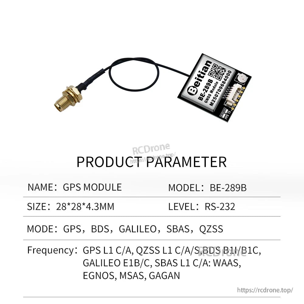 BE-289B GNSS module product parameter sheet with RS-232 level and antenna cable