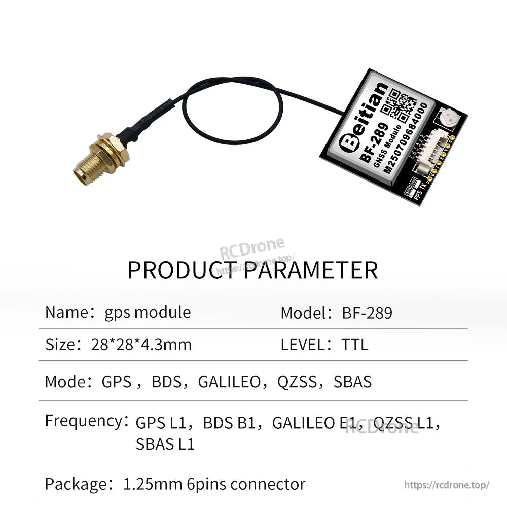 Beitian BE-289 GNSS timing module with separate SMA antenna and 6-pin connector board