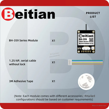 Package contents graphic showing BH-359 series module, 1.25/6P cable, and 3M adhesive tape