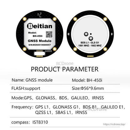 BH-450i GNSS module front and back views with parameter sheet and IST8310 compass