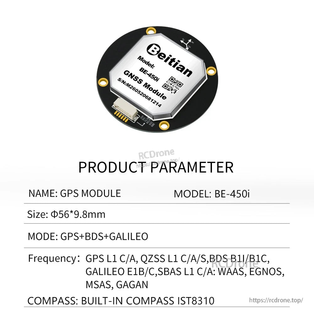 BE-450i GNSS module parameter sheet showing GPS mode, size, and built-in IST8310 compass