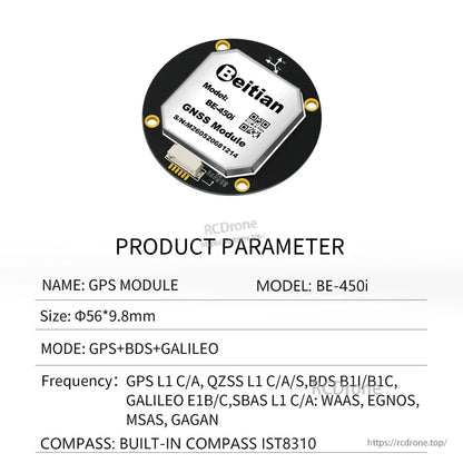BE-450i GNSS module parameter sheet showing GPS mode, size, and built-in IST8310 compass