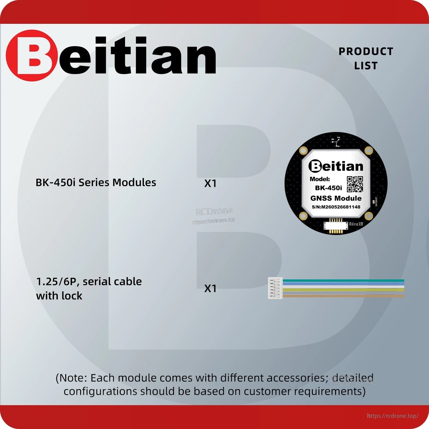 Product list graphic showing one BK-450i module and one 1.25/6P serial cable with lock